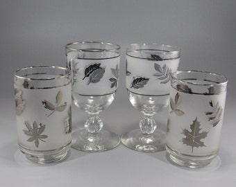 Vintage 4-piece Set of Libbey Silver Foliage & Silver Leaf Glassware
