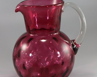 Vintage Rossi (?) Cranberry Pitcher, Handblown with Dot Optic Pattern