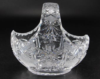 Vintage European (?) Lead Crystal Basket with Hobtars, with Fans & Diamond Finecut Panels