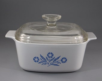 Vintage Corning Ware A-1 1/2-B,  Blue Cornflower, 1 1/2 Quart Saucepan (Casserole) with Glass Cover A-7-C and Plastic Storage Lid