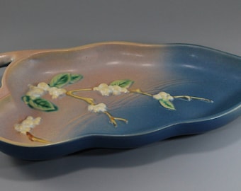 Vintage Roseville Pottery,  Large Leaf Shaped Handled Tray, Snowberry Blue Pattern, Piece No. 1BL1-12