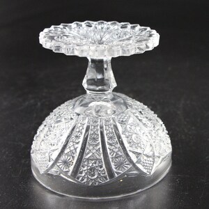 May include: A clear, vintage-style glass dessert dish with a detailed, textured pattern. The dish features a round, scalloped top and a pedestal base. The bowl has a geometric design, and the glass is transparent, allowing light to pass through.