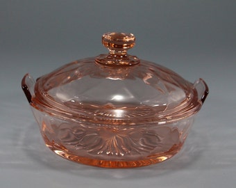 Vintage Heisey Yeoman Diamond Optic Pattern #1184, Pink Flamingo, Glass Covered Dish, circa 1920s-1930s (Depression Glass)