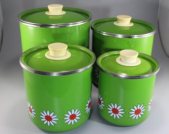 Vintage Set of 4 Porcelain Enameled  Kitchen Canister Set with Daisy Decals