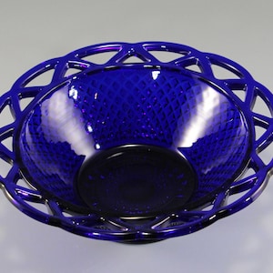 Vintage Imperial Glass, Lace Edge Diamond Pattern Footed Dish in Cobalt Blue