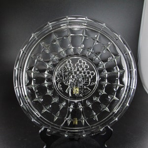 Vintage Indiana Glass, 12.5-inch Cake Plate, Constellation Pattern No. 300 with Grape/Leaf/Vine Center & 3 Tab-style feet, circa 1935