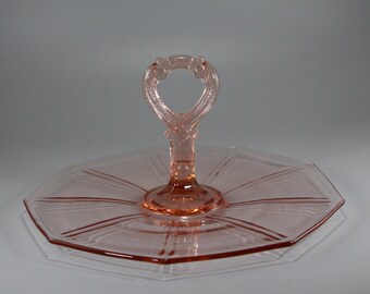 Vintage Indiana Glass Artura Pattern #608, Pink Center Handled Server, circa 1931