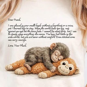 May include: Cream-colored t-shirt featuring a sleeping plush monkey on top of another plush monkey. The shirt has a handwritten poem about comfort and courage. The text reads "Dear Punch, Love, Your Plush."