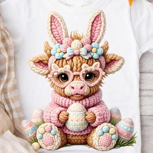 May include: White t-shirt featuring a whimsical illustration of a bunny-themed animal. The design includes a brown and pink creature wearing heart-shaped glasses, a pink sweater, and bunny ears. It holds a decorated Easter egg, surrounded by other eggs.
