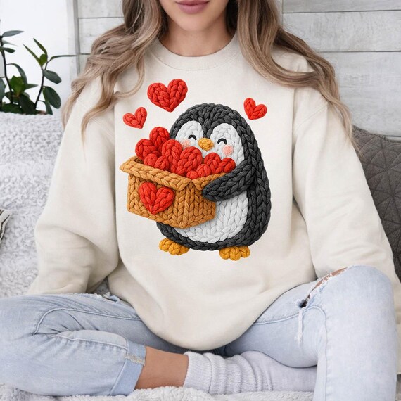 Valentine Penguin PNG  valentine png Cute Love Embroidery Style Valentine Shirt Design Cozy Romantic Sublimation faux crochet png yarn