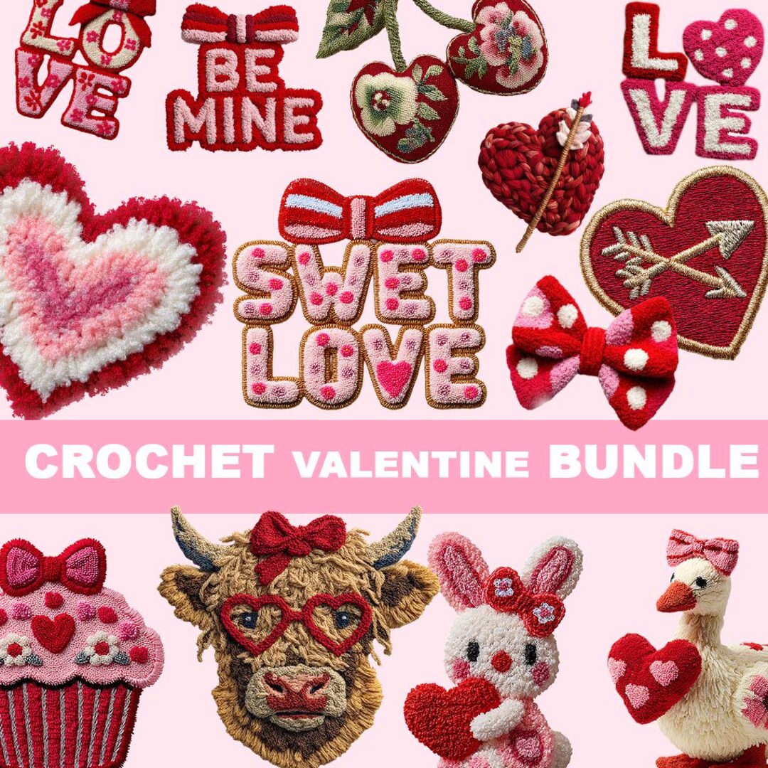 Crochet Valentine PNG Bundle Bundle Valentines Day PNG Bundle Faux Yarn ...
