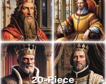 Medieval Kings Watercolor Clipart Set: 20 Royal Portrait Illustrations, Historical Renaissance Style for Junk Journals and Fantasy Crafts