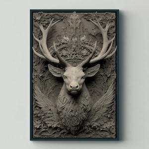 May include: A detailed, grey relief sculpture of a stag with large antlers, wings, and ornate floral and architectural elements. The artwork is framed in a dark green rectangular frame, creating a striking contrast.
