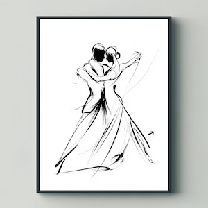 Puede incluir: Dibujo a tinta en blanco y negro de una pareja bailando, enmarcado en un borde negro. La obra de arte representa a un hombre y una mujer abrazados, con el vestido fluido de la mujer y el traje del hombre representados en líneas expresivas.