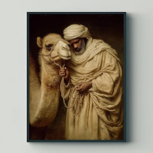 May include: A framed artwork depicts a man in a turban and robe with a camel. The man, with a dark complexion and beard, holds a rope attached to the camel's bridle. The camel has a light brown coat. The artwork is set against a dark background.