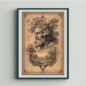Puede incluir: Impresión en tonos sepia enmarcada que presenta un busto de Baco, adornado con hojas de vid y uvas. La obra de arte incluye una escena de paisaje con árboles y viñedos. La palabra "BACCHUS" se muestra en la parte inferior, con texto en latín arriba.
