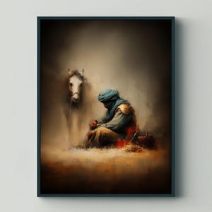 May include: An artistic painting depicts a figure in a blue head covering and clothing, seated on the ground. A white horse stands nearby. The artwork has a warm, earthy color palette with a focus on the figures and their surroundings.