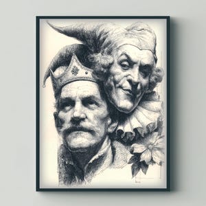 May include: Black and white framed print featuring two detailed portraits. One portrait depicts a man wearing a crown, the other a jester with a ruffled collar and a tall hat. A flower is visible in the lower right corner.
