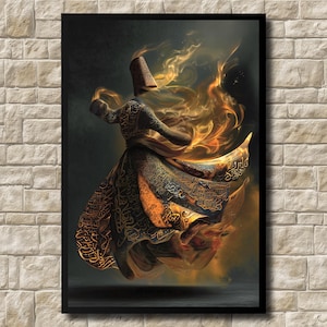 Calligrafia sufi del derviscio danzante, decorazione murale spirituale mistica islamica, stampa di danza araba, poster sufismo etereo in oro e ambra