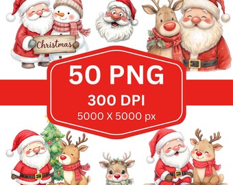 Kerst clipartbundel – 50 schattige kerstman en rendieren png's, gezellige aquarel winter illustraties, sublimatie, stickers, digitale download