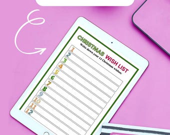 Werkblad 12 dagen kerstwensenlijst: tool voor vakantieplanning, organizer voor familiecadeaus, kerstactiviteit voor kinderen