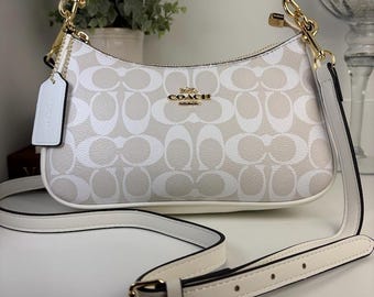 Coach White Teri Shoulder Bag: Christmas Gift New Year Gift for her, Gold Hardware leather bag