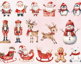 Kerst clipartbundel – 60 png kerst clip arts, wintervakantie graphics, kerstman, sneeuwpop, kerstelementen, digitale download