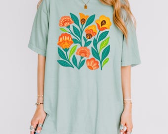 Folk Art Floral T-Shirt, Retro Botanical Print, Boho Style