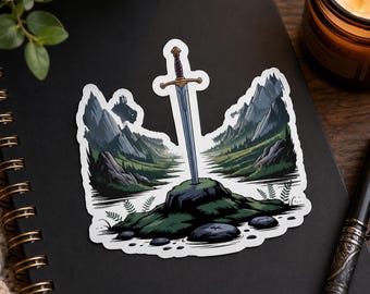 Fantasy Sword Landscape Sticker | Cozy Adventure Vinyl Decal (Waterproof)
