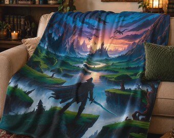 Coperta fantasy con guerriero drago / Coperta fantasy medievale / Battaglia di draghi / Regalo per giocatori / Decorazione mitologica per la casa