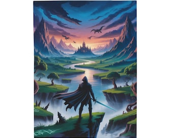 Manta con escena de fantasía guerrera: dragones, montañas y paisajes épicos