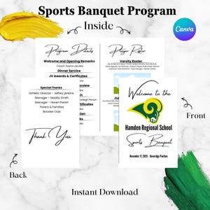 May include: A sports banquet program with a white background. The front of the program features the Hamden Regional School logo and event details. Inside, program details and a player roster are displayed. The back says "Thank You".