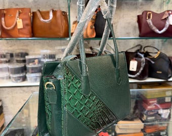 Borsa tote in vera pelle verde / Borsa a mano in pelle stampata coccodrillo / Borsa a tracolla da ufficio fatta a mano / Borsa da donna di lusso