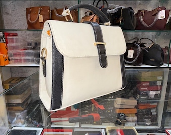 White & Black Genuine Leather Handbag | Two Tone Leather Purse | Handmade Top Handle and Crossbody Bag | Elegant Office Women Bag