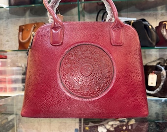Genuine Leather Handbag for Women | Red Leather Top Handle Purse with Embossed Mandala Design | Luxury Shoulder Bag