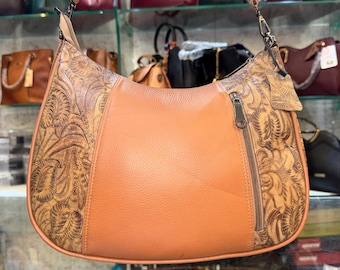 Genuine Leather Handbag for Women – Handcrafted Tooled Leather Shoulder Bag with Adjustable Strap