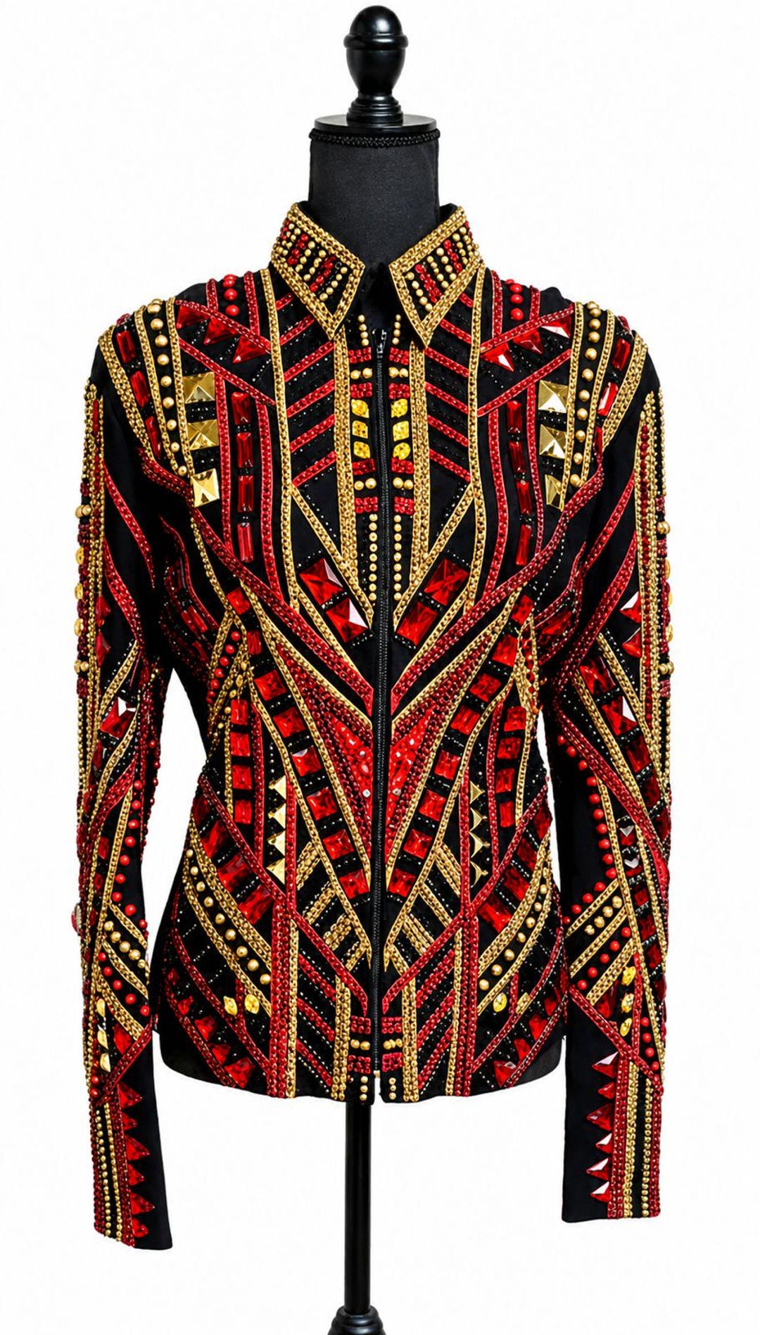 Rhinestone Rodeo Pageant Black & Red Western Show Jacket With Gold Crystal Rhinestones | Zipper ...