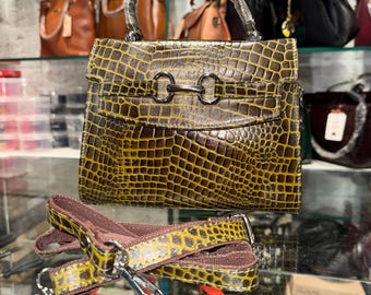 Genuine Leather Crocodile Embossed Handbag for Women | Luxury Top Handle Purse with Shoulder Strap | Designer Leather Bag