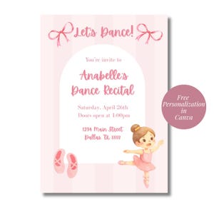 Personalized Pink Watercolor Ballet Dance Recital Invitation Ballerina Theme Girl Party Invite Pink Bow Ballet Instant Download Design