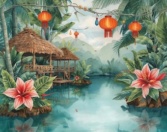 Lanterns Over the Lagoon Mahjong Mat 31.5"x31.5" (Ship Rolled up)