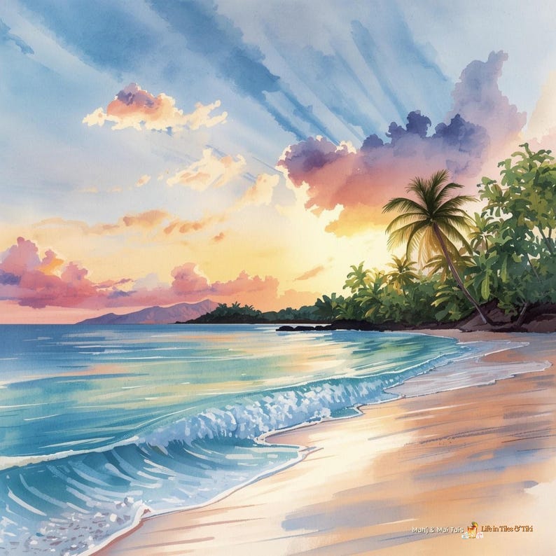 May include: Watercolor painting of a tropical beach scene at sunset. The sky is filled with pink, orange, and blue hues, with palm trees and lush green foliage along the shoreline. Gentle waves roll onto the sandy beach.