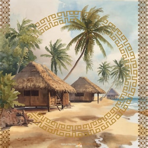 May include: Watercolor painting of a tropical beach scene with thatched-roof huts, palm trees, and a golden geometric border. The artwork features a sandy beach, blue water, and a light blue sky. The image has a vintage aesthetic.