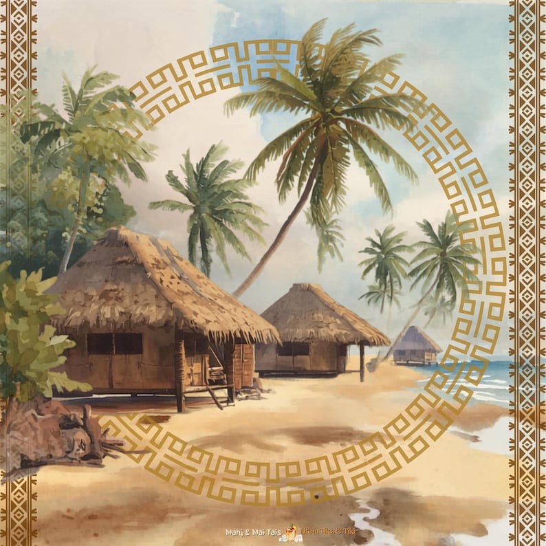 May include: Watercolor painting of a tropical beach scene with thatched-roof huts, palm trees, and a golden geometric border. The artwork features a sandy beach, blue water, and a light blue sky. The image has a vintage aesthetic.