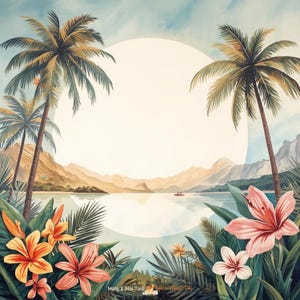 K&ouml;nnte beinhalten: Aquarellillustration einer tropischen Landschaft mit Palmen, Bergen und einem ruhigen See. Der Vordergrund zeigt leuchtende Blumen in Orange, Rosa und Wei&szlig;. Ein kleines Boot f&auml;hrt auf dem Wasser. Der Himmel ist hellblau.