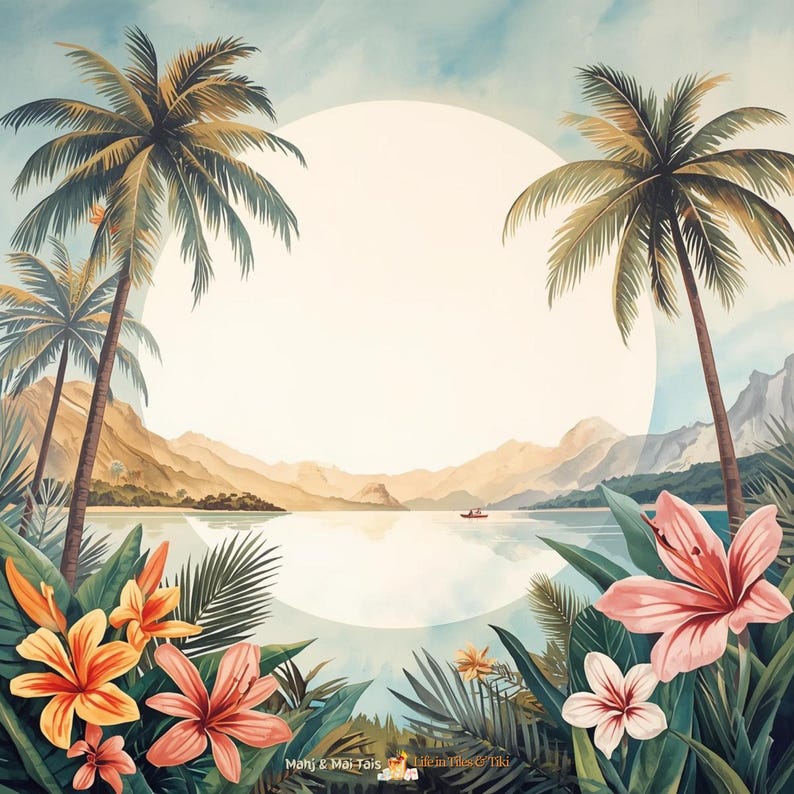 K&ouml;nnte beinhalten: Aquarellillustration einer tropischen Landschaft mit Palmen, Bergen und einem ruhigen See. Der Vordergrund zeigt leuchtende Blumen in Orange, Rosa und Wei&szlig;. Ein kleines Boot f&auml;hrt auf dem Wasser. Der Himmel ist hellblau.