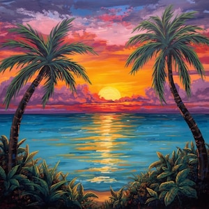Puede incluir: Una pintura vibrante de una puesta de sol tropical sobre el oc&eacute;ano. Dos palmeras enmarcan la escena, con el sol poni&eacute;ndose sobre el agua. El cielo est&aacute; lleno de tonos de naranja, rosa y morado, reflej&aacute;ndose en la superficie del agua. Plantas verdes exuberantes en la parte inferior.