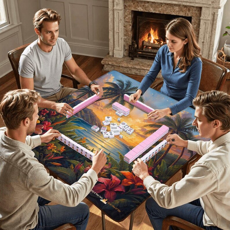 Palms and Blooms Sunset Mahjong Mat 31.5"x31.5" (Ship Rolled up) image 7