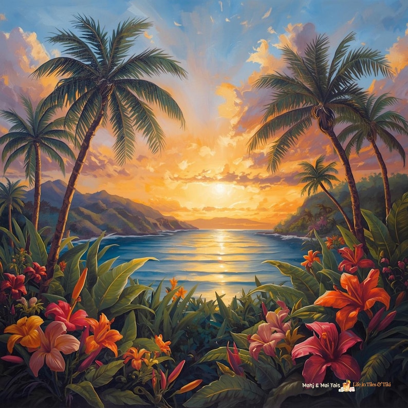 May include: A tropical landscape painting featuring a sunset over a calm ocean. Palm trees frame the view, with colorful flowers and lush greenery in the foreground. The sky is filled with orange, yellow, and blue hues. The text "Manj & Mai Tais" is in the bottom right corner.