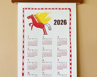 2026 Fire Horse Year Wall Calendar | Riso Hand Printed