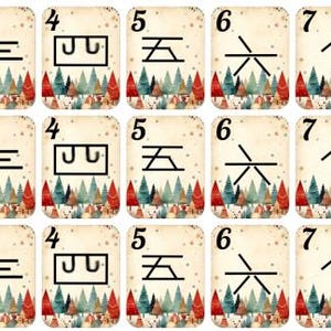 May include: A set of 27 rectangular cards with Chinese numerals 1-9. Each card has a cream background with black numerals and a forest scene at the bottom. The cards are arranged in three rows of nine.